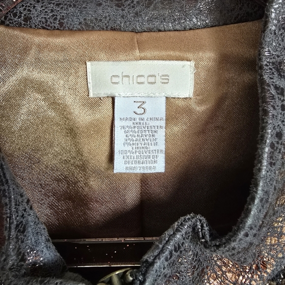 Chico's, Brown Tweed Gold Metallic Faux Leather Full Zip Coat Jacket Size XL - Picture 7 of 8